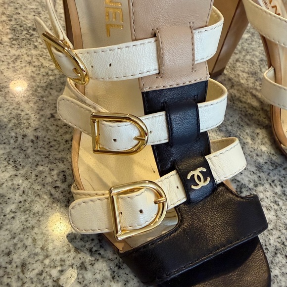 CHANEL Black and Cream Multi-Strap Heels